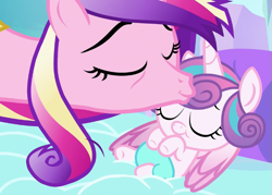 Size: 647x462 | Tagged: safe, screencap, princess cadance, princess flurry heart, alicorn, pony, the crystalling, baby, baby pony, bags under eyes, cute, diaper, eyes closed, female, forehead kiss, kissing, mama cadence, mother and child, mother and daughter, parent and child, platonic kiss, tired