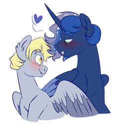 Size: 955x1013 | Tagged: safe, artist:soft-arthropod, derpy hooves, dopey hooves, prince artemis, princess luna, alicorn, pony, artemabetes, blushing, cute, derpabetes, derpyluna daily, dopemis, gay, heart, lunaderp, male, rule 63, rule63betes, shipping, simple background