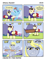 Size: 2550x3300 | Tagged: safe, artist:mystic-forces, care package, derpy hooves, rainbow dash, special delivery, pegasus, pony, .mov, baseball bat, comic, female, mare, underp