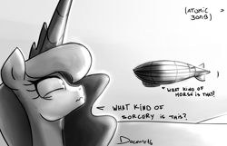 Size: 1550x1000 | Tagged: safe, artist:d0cente, princess luna, alicorn, pony, airship, blimp, dialogue, explosion, female, frown, grayscale, mare, monochrome, on the moon for too long, open mouth, scared, solo, sweat, sweatdrop, this will end in death, this will end in tears, this will end in tears and/or death, wavy mouth, wide eyes