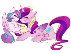 Size: 1023x767 | Tagged: safe, artist:gelay-gulay, princess cadance, princess flurry heart, alicorn, pony, eyes closed, female, happy, mama cadence, mother and child, mother and daughter, nuzzling, parent and child, prone, smiling