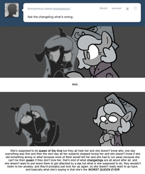 Size: 666x795 | Tagged: safe, artist:egophiliac, princess luna, oc, oc:imogen, changeling, changeling queen, cartographer's cap, changeling queen oc, female, filly, grayscale, hat, marauder's mantle, monochrome, moonstuck, text, wall of text, watch, woona, woonoggles, wristwatch, younger