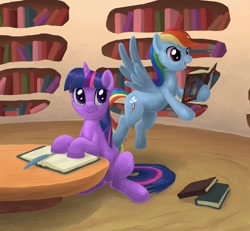 Size: 650x600 | Tagged: safe, artist:choedan-kal, rainbow dash, twilight sparkle, pegasus, pony, unicorn, blue feather, book, bookmark, feather, female, flying, golden oaks library, lesbian, library, mare, open mouth, reading, shipping, sitting, smiling, table, twidash