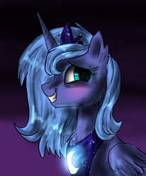 Size: 791x957 | Tagged: safe, artist:not-ordinary-pony, princess luna, alicorn, pony, blushing, bust, cheek fluff, chest fluff, crown, cute, ear fluff, female, glow, grin, horn, jewelry, looking back, lunabetes, mare, portrait, profile, regalia, s1 luna, simple background, smiling, solo, tiara