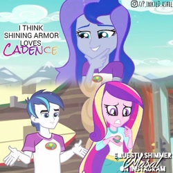 Size: 750x750 | Tagged: safe, edit, edited screencap, screencap, dean cadance, princess cadance, princess luna, shining armor, vice principal luna, equestria girls, legend of everfree, alumnus shining armor, female, instagram, male, shiningcadance, shipping, straight, younger