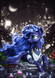 Size: 850x1200 | Tagged: safe, artist:assasinmonkey, artist:plazyma, edit, princess luna, alicorn, pony, canterlot, clothes, colored, crescent moon, dress, female, jewelry, mare, moon, necklace, night, pond, solo, stars, water