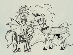 Size: 1280x960 | Tagged: safe, artist:forbidden-solu, princess luna, oc, oc:fickle dissonance, alicorn, bat pony, pony, :o, armor, blushing, crown, eye contact, fangs, female, grayscale, helmet, horseshoes, jewelry, levitation, looking at each other, magic, mare, monochrome, necklace, open mouth, regalia, sketch, smiling, spread wings, tail wrap, telekinesis, wide eyes