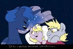 Size: 1140x768 | Tagged: safe, artist:soft-arthropod, derpy hooves, dinky hooves, princess luna, alicorn, pegasus, pony, bed, derpyluna daily, female, lesbian, lunaderp, mare, on back, shipping