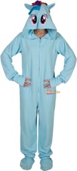 Size: 224x500 | Tagged: safe, rainbow dash, human, clothes, footed sleeper, fursuit, irl, irl human, merchandise, pajamas, photo