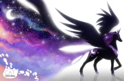 Size: 1313x863 | Tagged: safe, artist:catcrossing, princess luna, alicorn, pony, abstract background, night, night sky