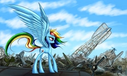 Size: 2000x1200 | Tagged: safe, artist:asimos, rainbow dash, pegasus, pony, aircraft, airship, fighter, scraps, solo, windswept mane