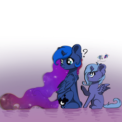 Size: 2500x2500 | Tagged: safe, artist:colorbrush, princess luna, alicorn, pony, female, filly, mare, open mouth, question mark, s1 luna, self ponidox, sitting, talking, woona, younger