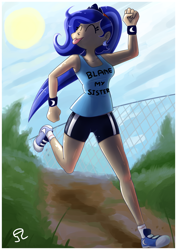 Size: 1600x2263 | Tagged: safe, artist:alvh-omega, princess luna, human, blame my sister, clothes, converse, fence, humanized, magic shirt, running, shoes, sneakers, solo, sports shorts, sweatband, tanktop, tongue out