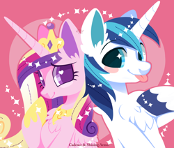 Size: 1000x849 | Tagged: safe, artist:snow angel, princess cadance, shining armor, alicorn, pony, unicorn, :p, blush sticker, blushing, chest fluff, colored pupils, cute, cutedance, ear fluff, female, heart, heart background, heart eyes, husband and wife, jewelry, lidded eyes, looking at you, male, mare, pink background, raised hoof, regalia, shining adorable, shiningcadance, shipping, signature, silly, simple background, smiling, sparkles, stallion, starry eyes, straight, sweet dreams fuel, tongue out, wing fluff, wingding eyes