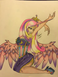 Size: 1024x1365 | Tagged: safe, artist:bpdmommy, princess cadance, human, armpits, clothes, dress, horned humanization, humanized, kneeling, simple background, skirt, solo, traditional art, winged humanization