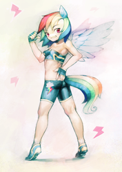 Size: 900x1273 | Tagged: safe, artist:aruurara, rainbow dash, armpits, clothes, eared humanization, fingerless gloves, gloves, humanized, pixiv, solo, tailed humanization, winged humanization