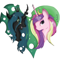 Size: 4030x4030 | Tagged: safe, artist:xxsilvixx, princess cadance, queen chrysalis, alicorn, changeling, changeling queen, pony, absurd resolution, bust, duo, heart, portrait, smiling