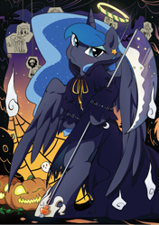 Size: 513x727 | Tagged: safe, artist:yukandasama, princess luna, anthro, unguligrade anthro, clothes, halloween, holiday, jack-o-lantern, pumpkin, robe, scythe, weapon