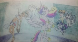 Size: 1600x868 | Tagged: safe, artist:jebens1, princess cadance, shining armor, twilight sparkle, twilight sparkle (alicorn), alicorn, pony, unicorn, atlantis: the lost empire, crossover, disney, milo, traditional art