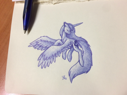 Size: 3156x2373 | Tagged: safe, artist:starlessnight22, princess luna, alicorn, pony, eyes closed, flying, monochrome, pen drawing, simple background, solo, traditional art