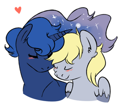 Size: 842x726 | Tagged: safe, artist:soft-arthropod, derpy hooves, princess luna, alicorn, pegasus, pony, blushing, derpyluna daily, eyes closed, female, heart, lesbian, lunaderp, mare, nuzzling, shipping, simple background