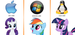 Size: 680x322 | Tagged: safe, rainbow dash, rarity, twilight sparkle, pegasus, pony, unicorn, linux, mac os x, meme, operating system, windows