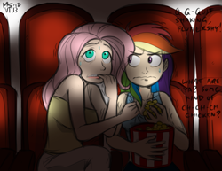 Size: 1347x1041 | Tagged: safe, artist:allosaurus, artist:megasweet, fluttershy, rainbow dash, cinema, humanized, popcorn, scared