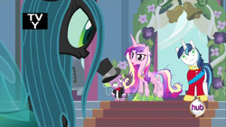 Size: 1280x720 | Tagged: safe, screencap, princess cadance, queen chrysalis, shining armor, spike, alicorn, changeling, changeling queen, dragon, pony, unicorn, a canterlot wedding, angry, derp, faic, female