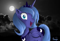 Size: 1500x1024 | Tagged: safe, artist:furseiseki, artist:marble-soda, princess luna, alicorn, pony, cloud, cloudy, don't go to bed, folded wings, happy, moon, night, open mouth, s1 luna, signature, sky, smiling, solo, trace, wide eyes