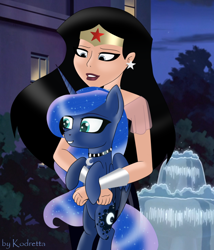 Size: 900x1053 | Tagged: safe, artist:kodretta, princess luna, human, pony, cute, holding a pony, hug, lunabetes, night, smiling, wonder woman