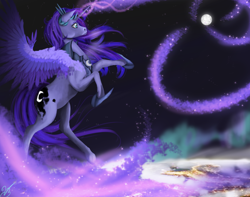 Size: 2024x1595 | Tagged: safe, artist:vinicius040598, princess luna, alicorn, pony, galaxy mane, magic, moon, solo, space