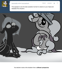 Size: 666x795 | Tagged: safe, artist:egophiliac, princess luna, oc, oc:imogen, alicorn, changeling, changeling queen, pony, cartographer's cap, changeling queen oc, female, filly, grayscale, hat, headstand, marauder's mantle, monochrome, moonstuck, woona, woonoggles, younger