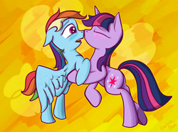 Size: 3108x2309 | Tagged: safe, artist:sharpieboss, rainbow dash, twilight sparkle, pegasus, pony, g4, blushing, eyes closed, kissing, shipping, twidash