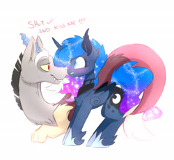 Size: 2080x1914 | Tagged: safe, artist:elementalokami, discord, princess luna, alicorn, draconequus, pony, blushing, dialogue, female, looking at each other, lunacord, male, mare, shipping, smiling, straight