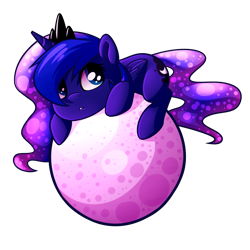 Size: 1600x1600 | Tagged: safe, artist:rubywave32, princess luna, alicorn, pony, chibi, cute, lunabetes, moon, prone, simple background, solo, tangible heavenly object, transparent background