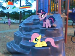 Size: 2048x1536 | Tagged: safe, artist:tokkazutara1164, fluttershy, rainbow dash, twilight sparkle, pegasus, pony, filly, filly twilight sparkle, playground, ponies in real life, vector