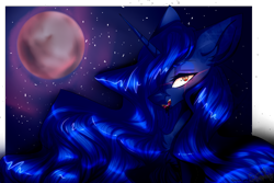 Size: 1024x683 | Tagged: safe, artist:tunxxon, artist:xxmissteaxx, princess luna, alicorn, pony, undead, vampire, vampony, collaboration, blood, looking at you, moon, red eyes, solo, stars