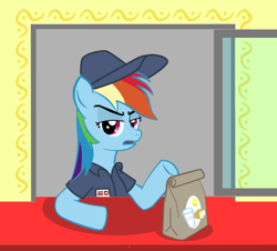 Size: 676x612 | Tagged: safe, artist:betoheavy, rainbow dash, pegasus, pony, clothes, fast food, female, frown, hat, mare, name tag, open mouth, paper bag, shirt, solo