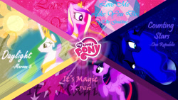 Size: 3840x2160 | Tagged: safe, artist:pwnagespartan, edit, princess cadance, princess celestia, princess luna, twilight sparkle, twilight sparkle (alicorn), alicorn, pony, counting stars, cutie mark, daylight, ellie goulding, logo, love me like you do, magic, maroon 5, my little pony logo, one republic, pilot, royal sisters, song reference, vector, wallpaper, wallpaper edit