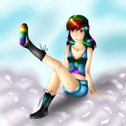 Size: 1300x1300 | Tagged: safe, artist:izzberrypie, rainbow dash, clothes, female, humanized, multicolored hair, simple background