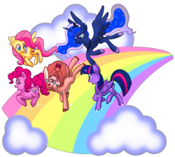 Size: 1571x1411 | Tagged: safe, artist:donkeyinthemiddle, fluttershy, pinkie pie, princess luna, twilight sparkle, twilight sparkle (alicorn), oc, alicorn, earth pony, pegasus, pony, rainbow, simple background, transparent background