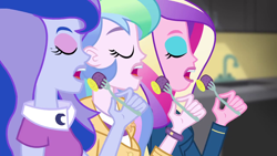 Size: 1280x720 | Tagged: safe, screencap, dean cadance, princess cadance, princess celestia, princess luna, principal celestia, vice principal luna, acadeca, equestria girls, friendship games, cake, cakelestia, eating, eyes closed, female, food, fork, open mouth, sisters
