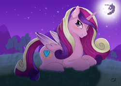 Size: 4961x3508 | Tagged: safe, artist:casparraillen, princess cadance, alicorn, pony, blushing, mare in the moon, moon, night, solo