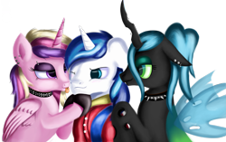 Size: 2749x1724 | Tagged: safe, artist:qbellas, princess cadance, queen chrysalis, shining armor, alicorn, changeling, changeling queen, pony, unicorn, alternate hairstyle, choker, chrysarmordance, ear piercing, earring, eyebrow piercing, eyeshadow, female, goth, horn piercing, jewelry, licking, lip piercing, lucky bastard, makeup, male, mare, one eye closed, piercing, polyamory, shining armor gets all the mares, shining chrysalis, shiningcadance, shipping, simple background, spiked choker, stallion, straight, tongue out, transparent background