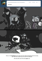 Size: 666x950 | Tagged: safe, artist:egophiliac, princess luna, oc, oc:exuvia, oc:imogen, oc:pharate, oc:tumbler, bat pony, changeling, changeling queen, pony, ask, cartographer's cap, changeling oc, changeling queen oc, female, filly, flashback, hat, lunar stone, marauder's mantle, monochrome, moonstuck, neo noir, partial color, tumblr, woona, woonoggles, younger