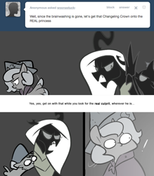 Size: 666x761 | Tagged: safe, artist:egophiliac, princess luna, oc, oc:danger mcsteele, oc:exuvia, oc:tumbler, alicorn, changeling queen, pony, cartographer's cap, changeling queen oc, drinking hat, female, filly, hat, marauder's mantle, monochrome, moonstuck, neo noir, partial color, woona, woonoggles, younger