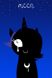 Size: 659x986 | Tagged: safe, artist:sunblink, princess luna, alicorn, pony, crown, crying, hair over one eye, jewelry, loony luna, moon, no more ponies at source, regalia, s1 luna, silhouette, smiling, solo, stars, wingding eyes