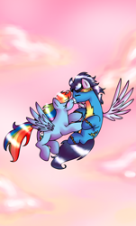 Size: 930x1541 | Tagged: safe, artist:candyandbiffle, rainbow dash, soarin', pegasus, pony, female, kissing, male, shipping, soarindash, straight