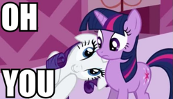 Size: 589x339 | Tagged: safe, derpibooru import, edit, edited screencap, screencap, rarity, twilight sparkle, pony, unicorn, the ticket master, oh you, reaction image