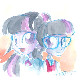 Size: 1174x1183 | Tagged: safe, artist:agnesgarbowska, derpibooru import, sci-twi, twilight sparkle, twilight sparkle (alicorn), alicorn, equestria girls, friendship games, traditional art, watercolor painting